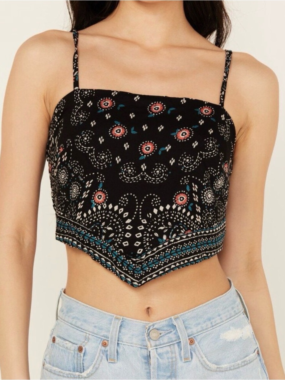 Mi ami Black French Knot Back Hanky Hem Cami Bandana Crop Top XL Western Boho